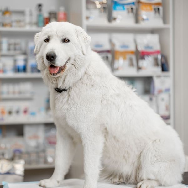 A white dog sitting in front of a shelf with pet products